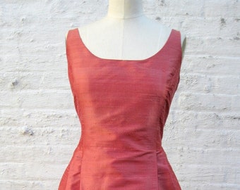 Coral Scooped Neckline Silk Shantung Cocktail Dress, Made to Order