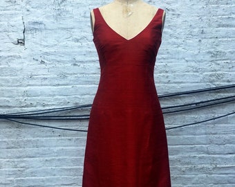 Ruby Red Silk Shantung V neck A line Cocktail Dress, Made to Order