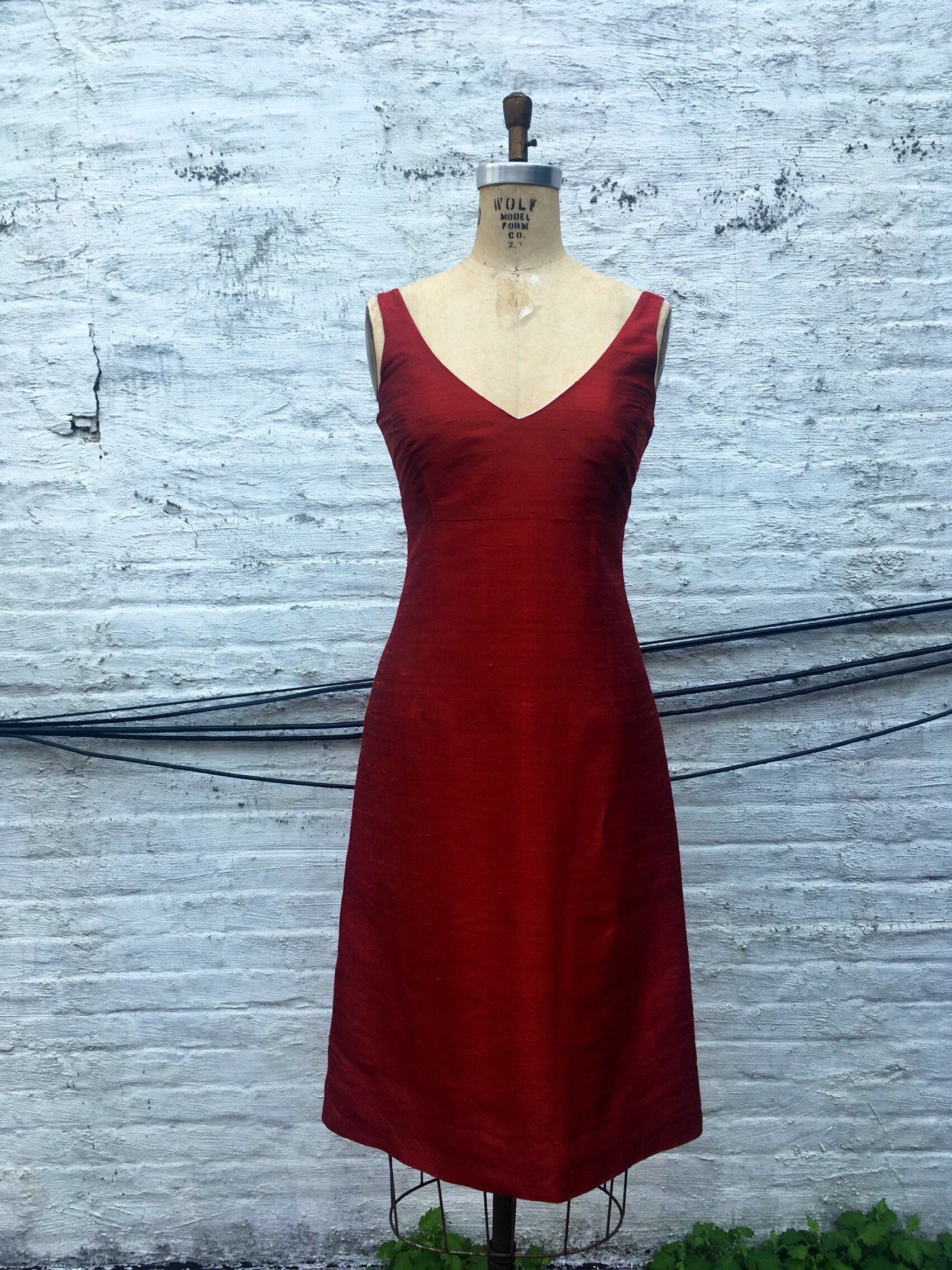 Ruby Red Silk Shantung V neck A line Cocktail Dress | Etsy