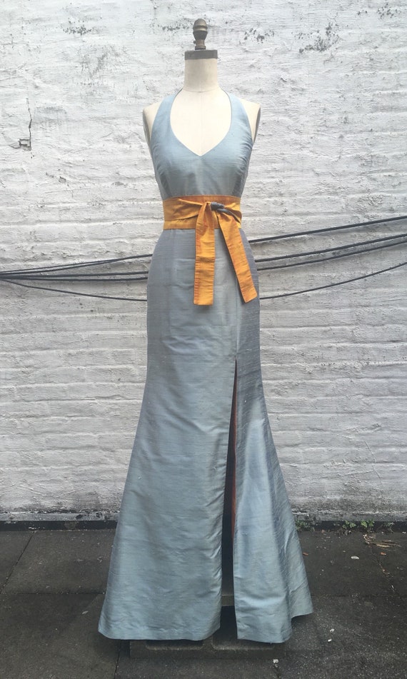 Light Blue-gray Halter Long Silk Shantung Trumpet Dress With Front Slit,  Size Large -  Canada
