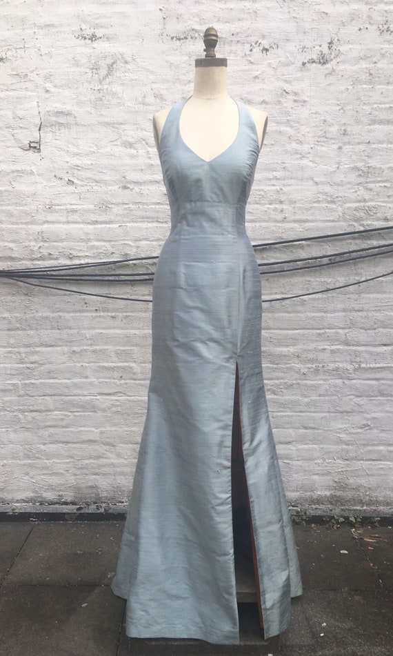 Light Blue-gray Halter Long Silk Shantung Trumpet Dress With Front Slit,  Size Large - Etsy