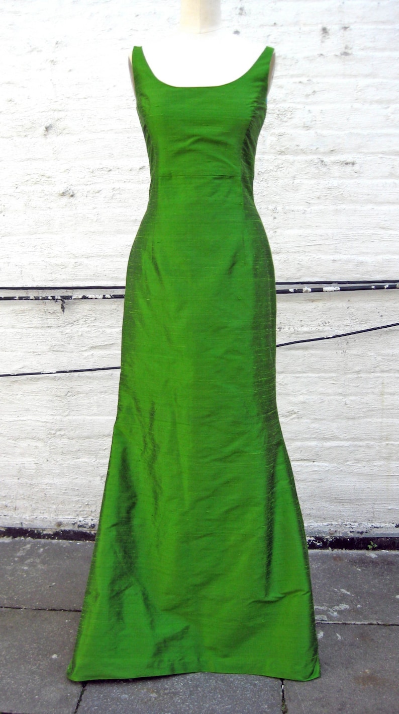 Apple Green Scooped Neckline Long Shantung Trumpet Dress, size X-small image 3