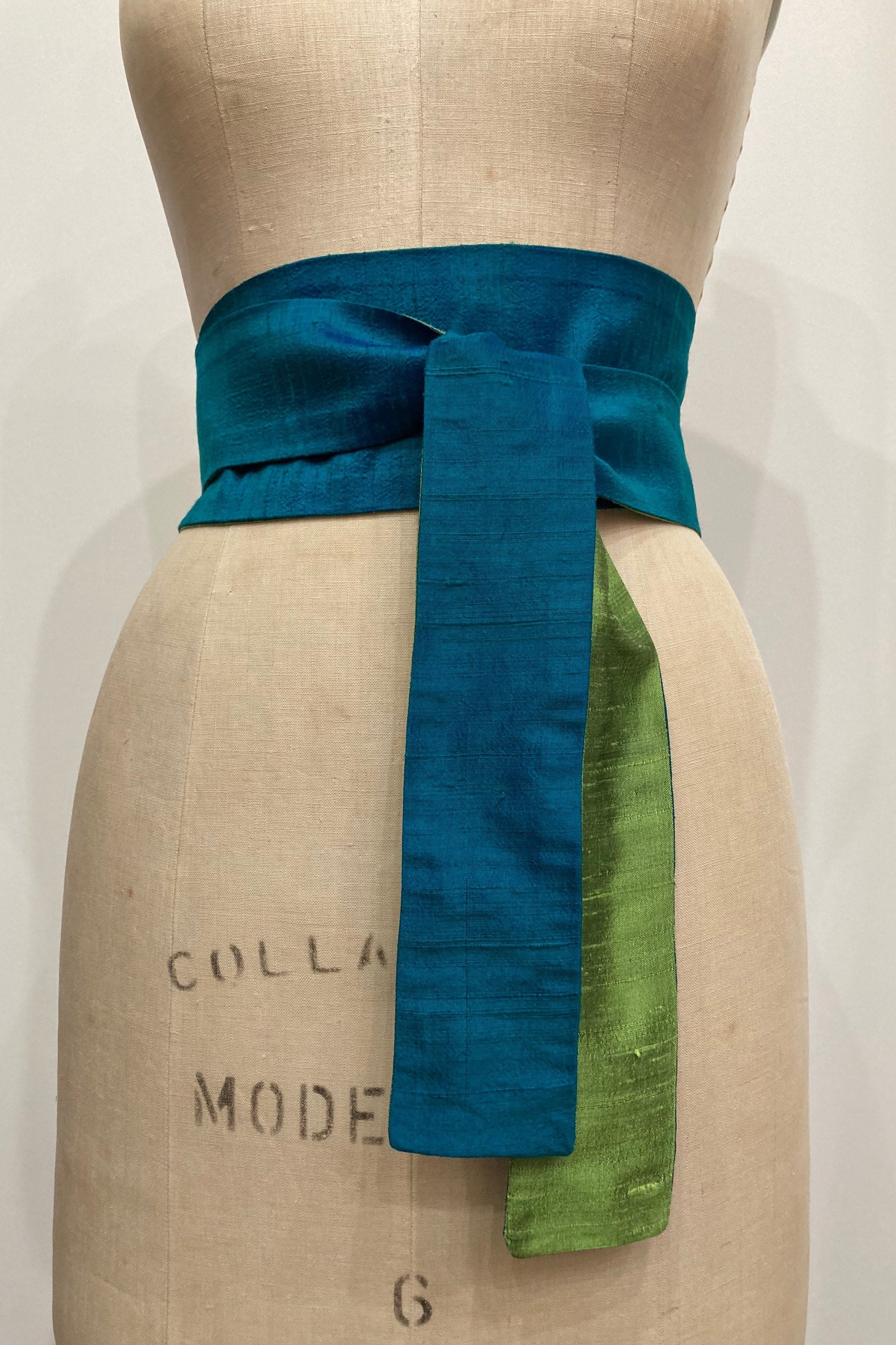 Turquoise & Chartreuse Reversible Silk Shantung Obi Sash