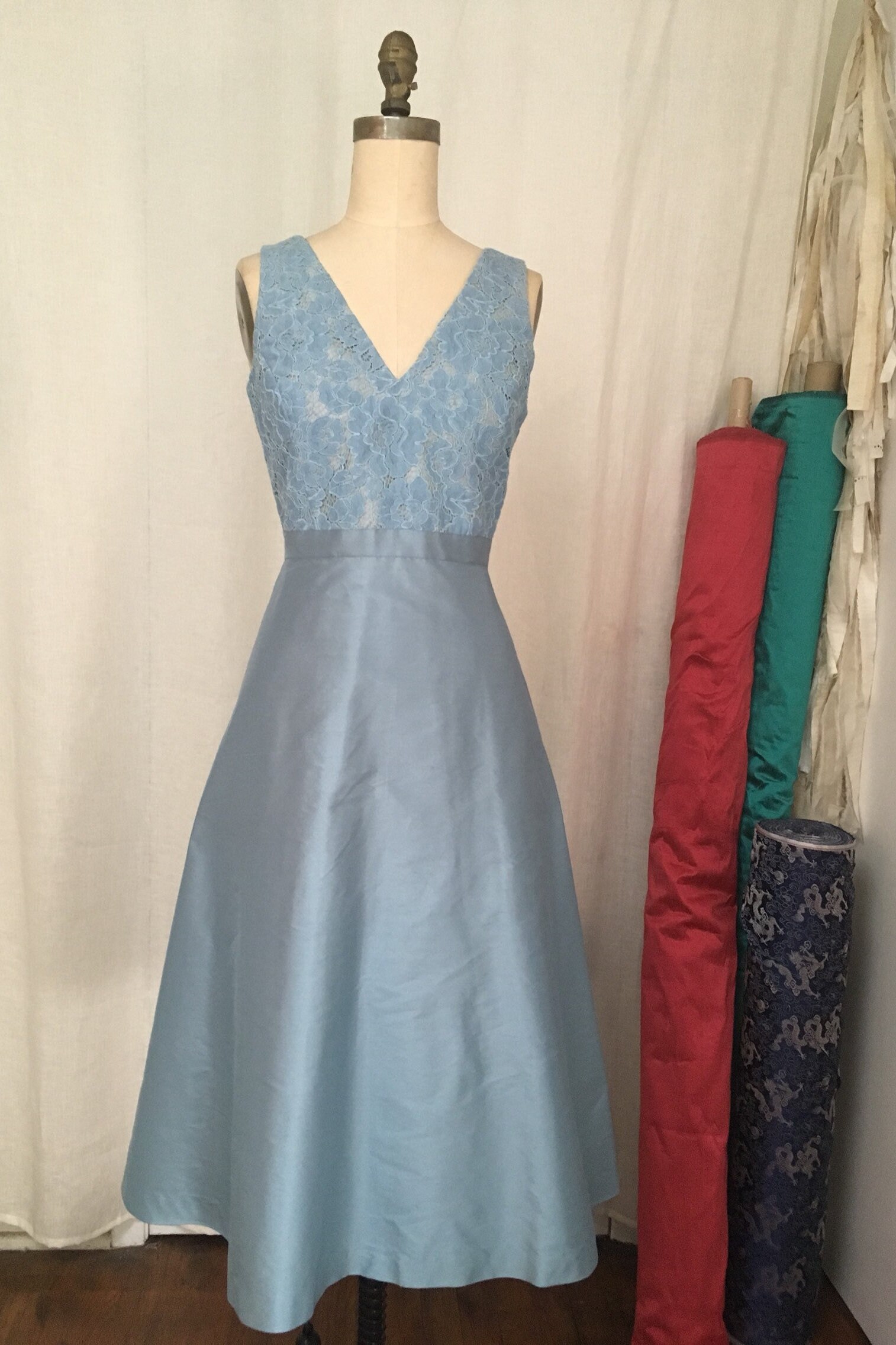 Sky Blue Lace & Shantung Tea Length Dress size Medium | Etsy