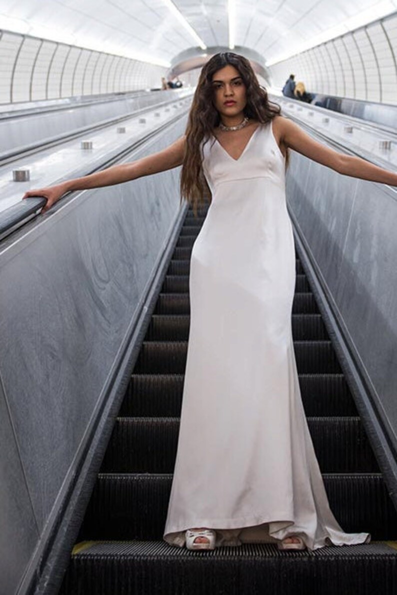 Ivory Silk Satin V Neck Simple Fit And Flare Wedding Gown Etsy