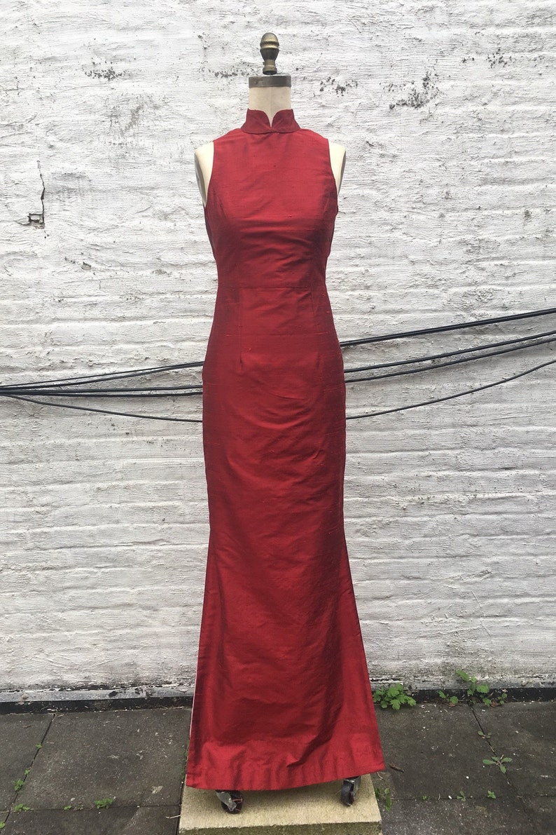 Ruby Red Silk Shantung Modern Cheongsam Dress With Open - Etsy