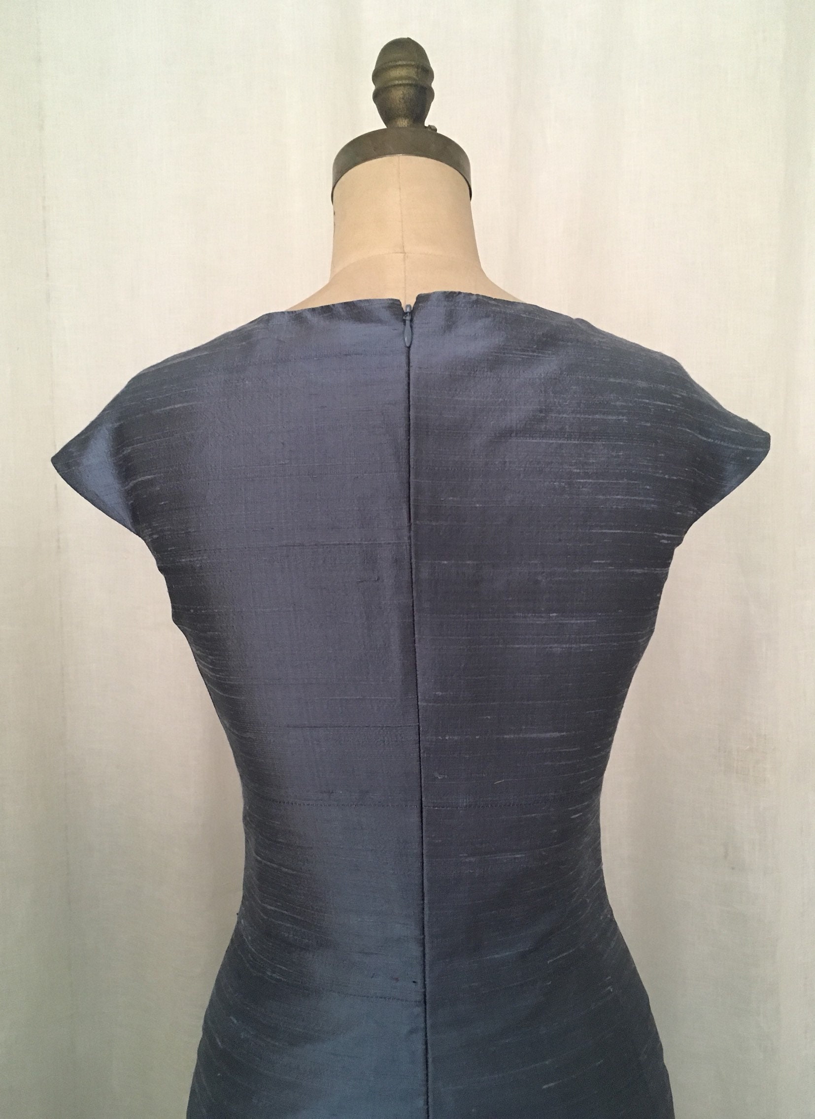 Slate Blue Silk Shantung Cap-sleeve Sheath Dress, Made to