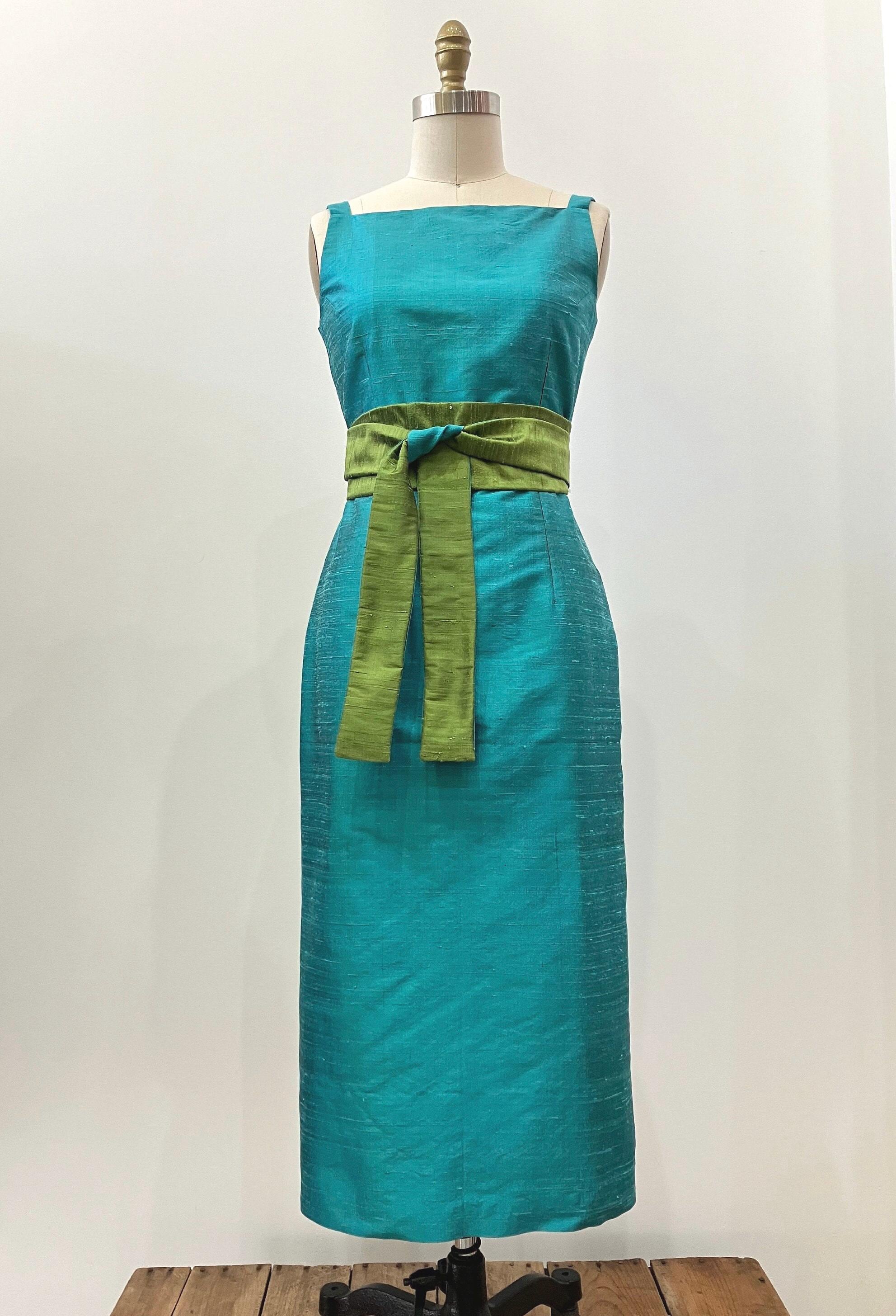 Turquoise Silk Shantung Classic Midi Dress, Made to Order