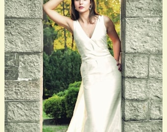 Off-white V-neck Shantung Trumpet Simple Wedding Dress, Made to Order