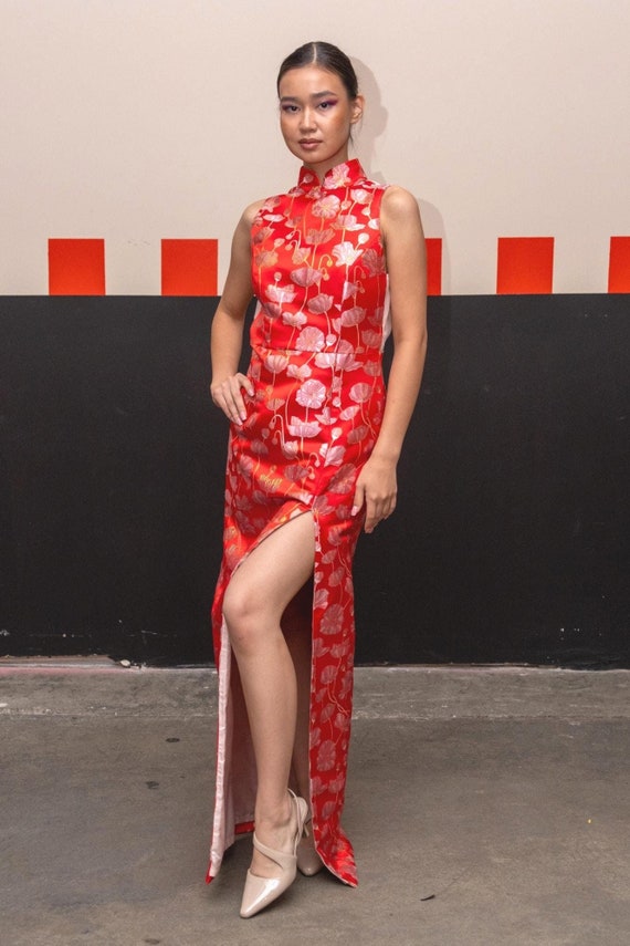 Red Brocade Modern Cheongsam Long Column Dress, Made to Order