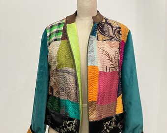 Upcycled Kantha Mixed Media Bomber Jacket, size Small