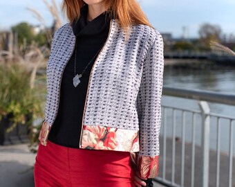 Black and White Mixed Media Bomber Jacket, Made to Order