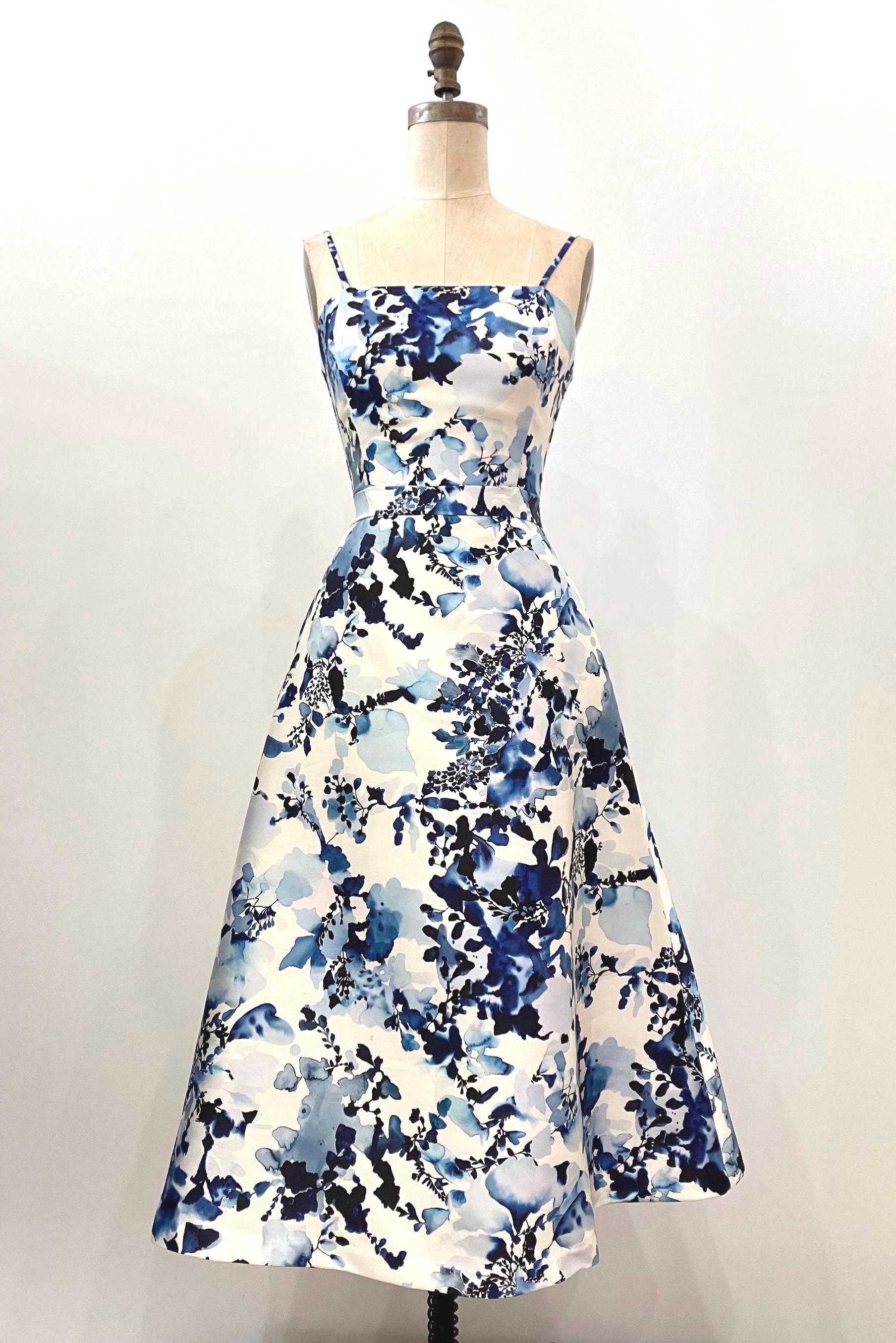 Blue Floral Mikado Tea-length A-line Dress, Made-to-order - Etsy