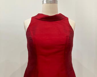 Ruby Red Retro-style Roll-collar Sleeveless Silk Shantung Top, Made to order
