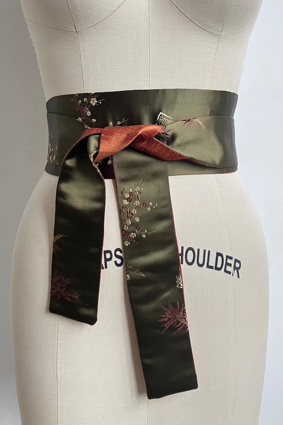 Olive Asian Brocade Obi Sash Reversing to Copper Silk Shantung - Etsy