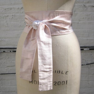 Pale Pink and White Reversible Silk Shantung Obi Sash