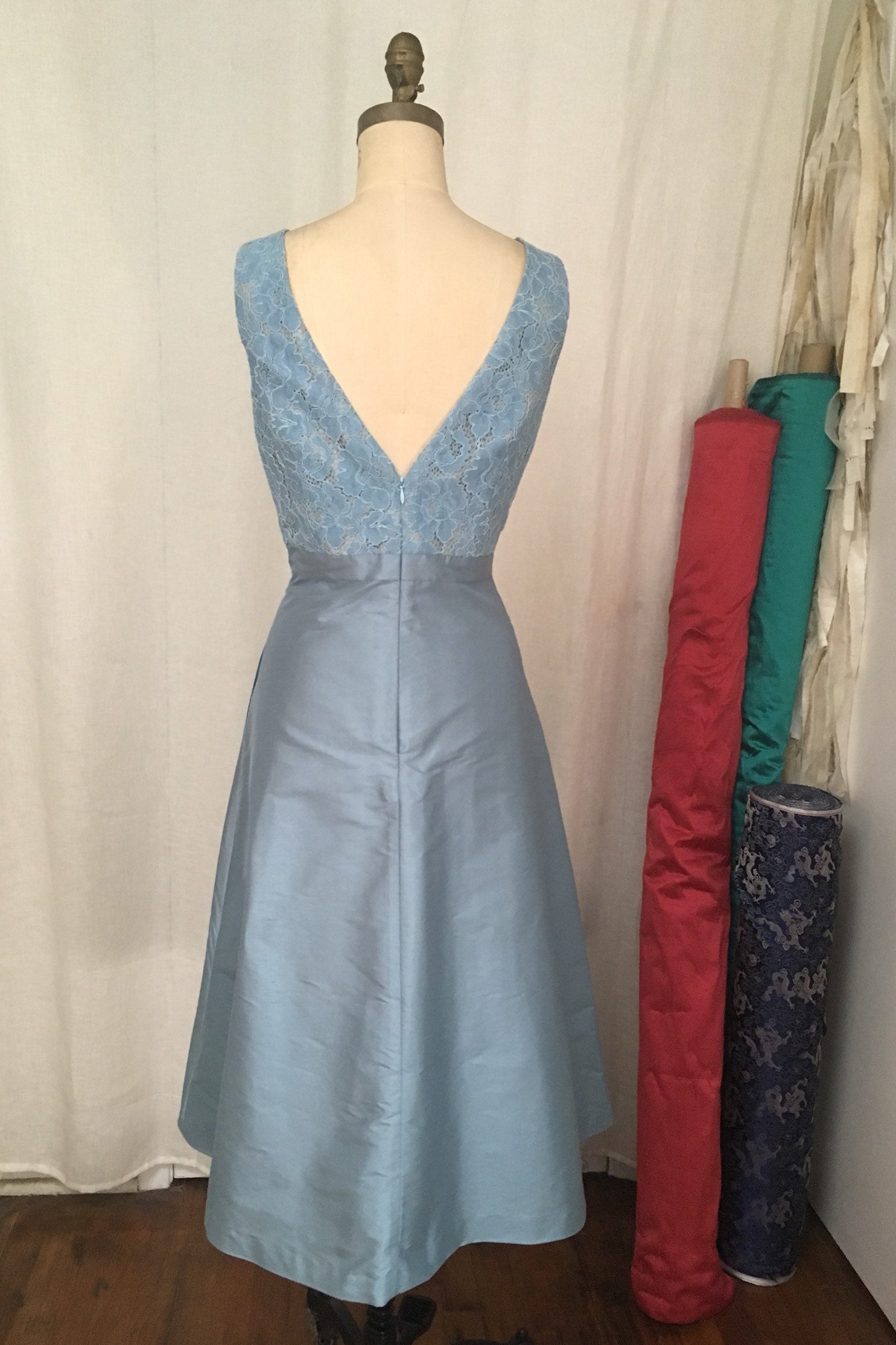 Sky Blue Lace & Shantung Tea Length Dress size Medium | Etsy