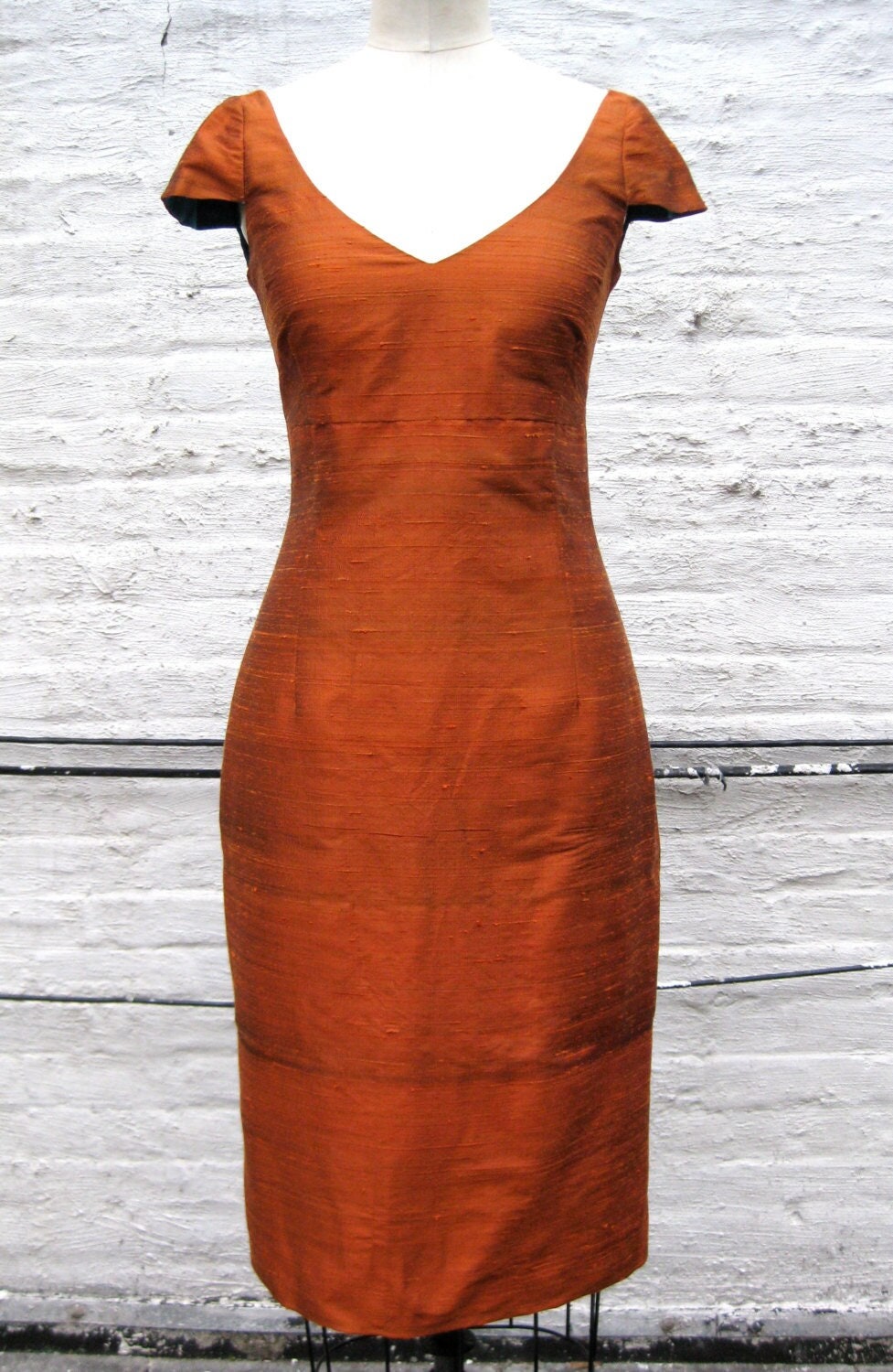 Orange Rust V neck Cap sleeve Fitted Silk Shantung Sheath Dress Made to Order Etsy UK