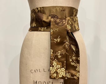 Copper Asian Brocade and Black Silk Shantung Reversible Obi Sash