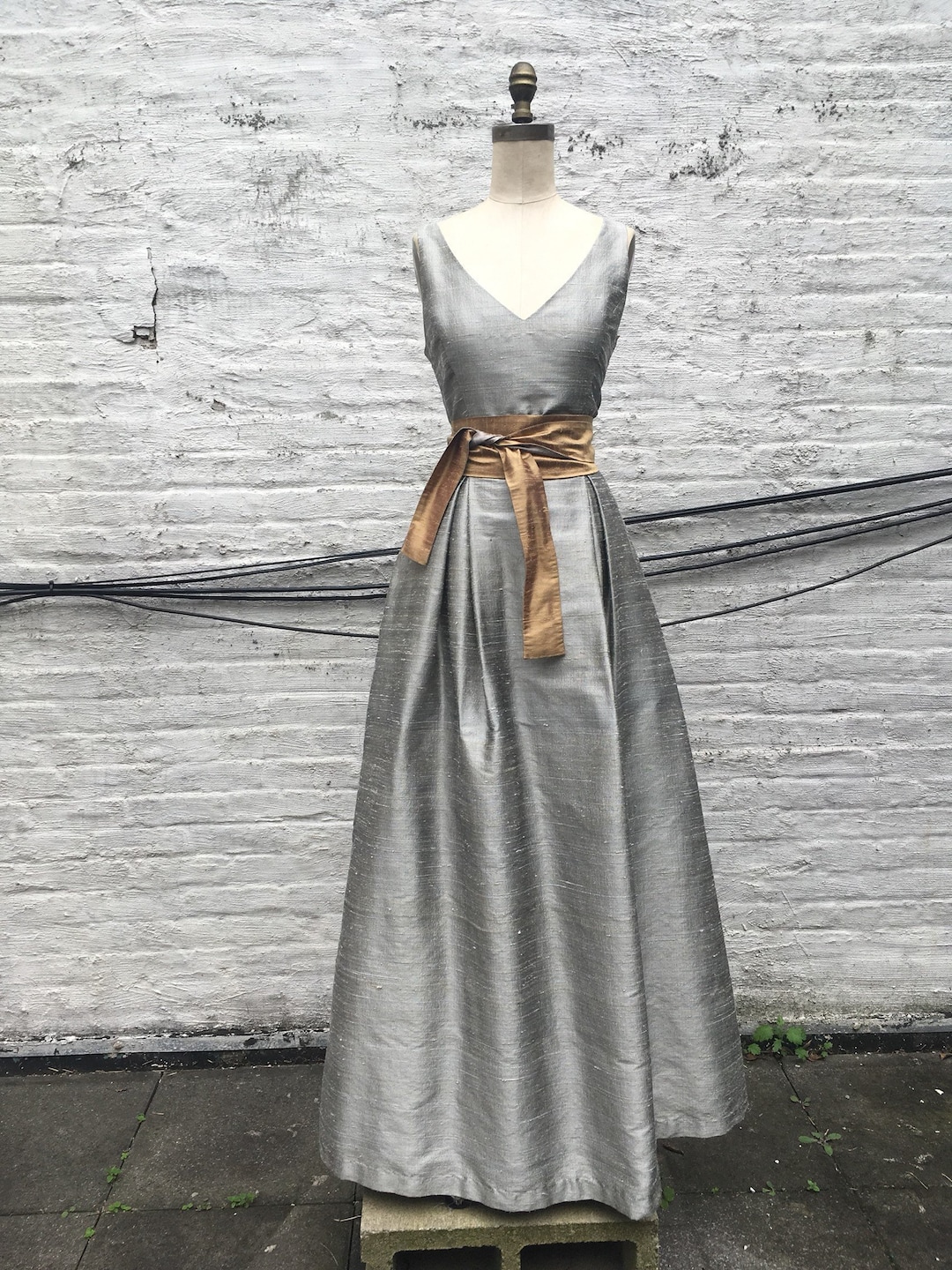 Pewter V Neck Silk Shantung Ball Gown Dress, Made to Order