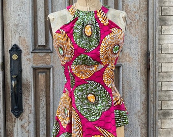 SALE! African Wax Print Asymmetrical Peplum Halter Top, Pink Orange and Green, size X-small (4)