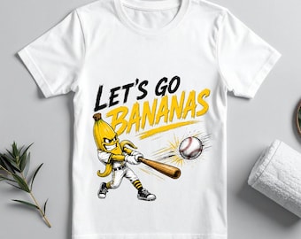 Grappige banaan honkbal PNG, Lets Go Bananas mascotte SVG png, hiphop sport tekenfilm, ontwerp voorkant achterkant, Game Day DTF, trendy zomer png