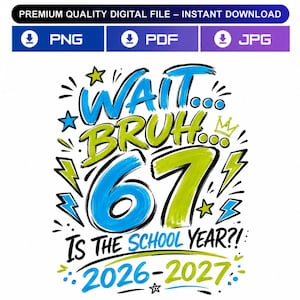 May include: A digital graphic design featuring the text WAIT... BRUH... 67 IS THE SCHOOL YEAR?! 2026-2027 in blue and lime green brush-style lettering. The design includes decorative elements like stars, lightning bolts, and a small crown icon.
