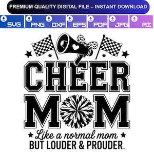 Puede incluir: Diseño digital en blanco y negro con las palabras "CHEER MOM" en negrita, un megáfono y dos banderas a cuadros. También se incluye el texto "Like a normal mom BUT LOUDER & PROUDER". Descarga instantánea.