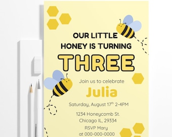 3rd Birthday Bee Invitation | Girl Party, Editable Template (Canva)