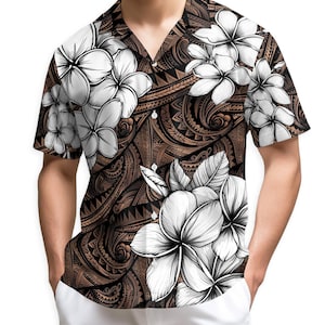 May include: Short-sleeved button-down shirt featuring a brown tribal pattern with white plumeria flowers. The shirt has a classic collar and is paired with white pants. The floral design is detailed and eye-catching.