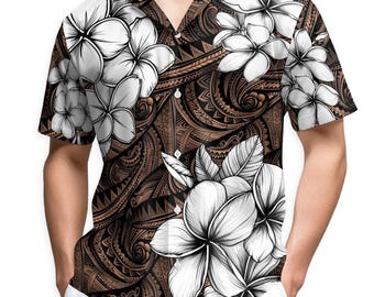 Polynesian Hawaiian Shirt for Men, Tribal Floral Aloha Shirt, Brown Tapa Pattern Shirt, Tropical Plumeria Button Up, Summer Island Gift