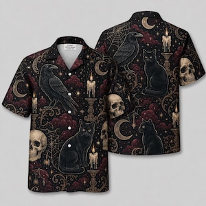 Gothic Raven Hawaiian Shirt for Men, Black Cat Skull Aloha Shirt, Dark Witchy Button Down, Halloween Gift for Him