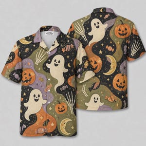 Ghost Halloween Hawaiian Shirt for Men, Pumpkin Aloha Shirt, Spooky Cute Button Down, Halloween Party Gift for Him