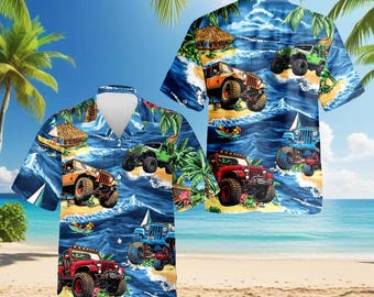 Off Road Truck Hawaiian Shirt, Tropical Beach Aloha Shirt, Adventure Island Ocean Summer Button Up Shirt, Tropical Summer Vacation Shirt