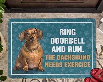 Dachshund Funny Doormat | Ring Doorbell and Run Quote Mat | Cute Wiener Dog Welcome Rug for Entryway, Pet Lover Home Décor Gift