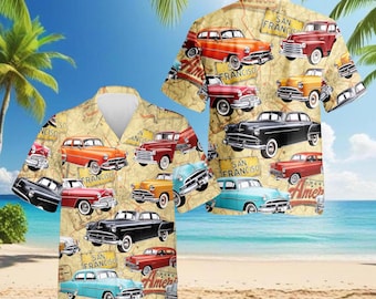 Vintage klassieke auto's Hawaiiaans shirt, retro auto Aloha shirt, oude Amerikaanse auto's tropisch shirt, auto minnaar cadeau vakantie outfit