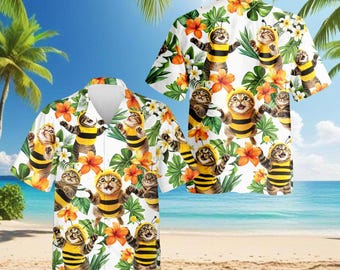 Camisa hawaiana Bee Cat para hombre, linda camisa Aloha con gatito, divertida camisa de gato abejorro, camisa tropical floral para vacaciones, atuendo playero de verano