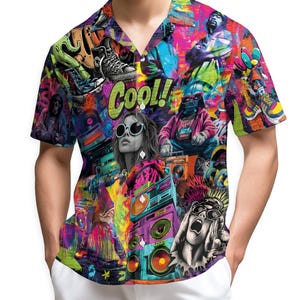 May include: Short-sleeved button-down shirt with a vibrant, colorful collage design. The shirt features a variety of pop culture imagery, including boomboxes, sneakers, and the word "Cool!" in bold letters. The overall aesthetic is a mix of graffiti art and retro elements.