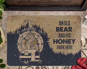 Funny Camper Doormat, An Old Bear and His Honey Park Here Rug, Rustic Non-Slip Welcome Mat for Couples, and Cabin Décor Outdoor Fall Home