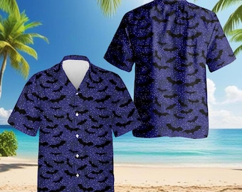 Camisa hawaiana de murciélagos, camisa aloha con estampado de murciélagos para Halloween, camisa para noche tenebrosa, camisa gótica de verano, regalo de vacaciones con temática oscura
