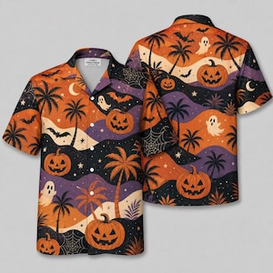 Pumpkin Halloween Hawaiian Shirt for Men, Tropical Ghost Aloha Shirt, Spooky Palm Tree Button Down, Halloween Party Gift