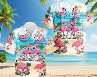 Camisa hawaiana con flamenco, linda camisa playera con flamenco rosa, camisa hawaiana tropical de verano, divertida camisa de flamenco para vacaciones, regalo para fiesta en la playa