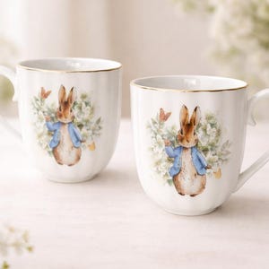 Peter Rabbit Ceramic Mugs, Beatrix Potter Gold Rim Tea Cups (Set of 2)