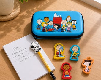 Set de artículos esenciales de escritorio de Peanuts / Estuche para lápices, bolígrafo y gomas de borrar de Snoopy