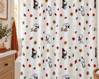 Cortina de ducha de otoño, decoración de baño de Snoopy, decoración de otoño de Peanuts, 72 x 72 pulgadas