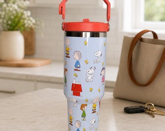 Vaso de Snoopy, taza de viaje de Peanuts, vaso térmico con asa, artículos para beber de Charlie Brown y sus amigos.