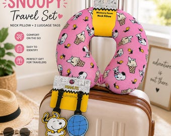 Set de viaje de Snoopy, almohada cervical de espuma viscoelástica y 2 etiquetas para equipaje, accesorios de viaje para avión de Peanuts