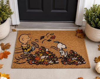 Alfombra de entrada otoñal de Charlie Brown y Snoopy de Peanuts – Alfombra de bienvenida para la entrada, ideal para la decoración del porche en Acción de Gracias.