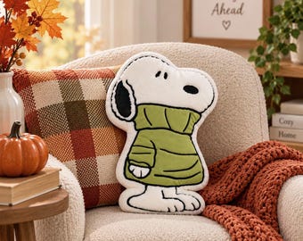 Cojín de otoño de Snoopy, cojín decorativo de Peanuts, cojín decorativo de Snoopy con suéter verde, decoración otoñal para el hogar