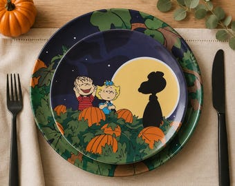 Juego de platos de Peanuts Great Pumpkin, vajilla de melamina de 8 piezas de Charlie Brown, vajilla de otoño